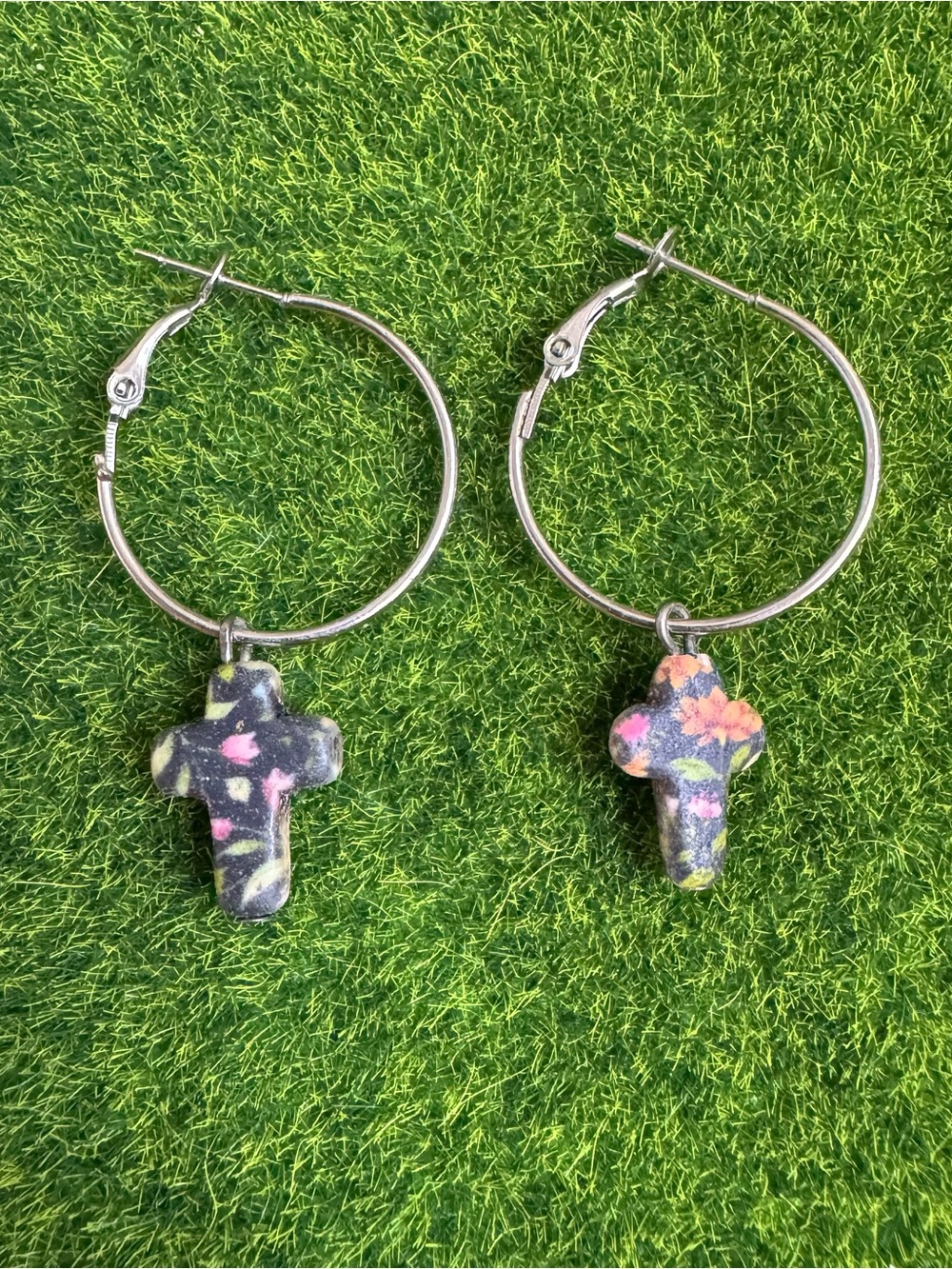 Silver Hoops and black floral cross earrings